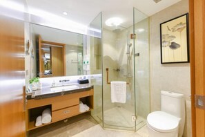 Ein modernes Badezimmer mit einer einachig abgetrennten Dusche, einer weißen Toilette und einem Waschtisch mit Spiegel.