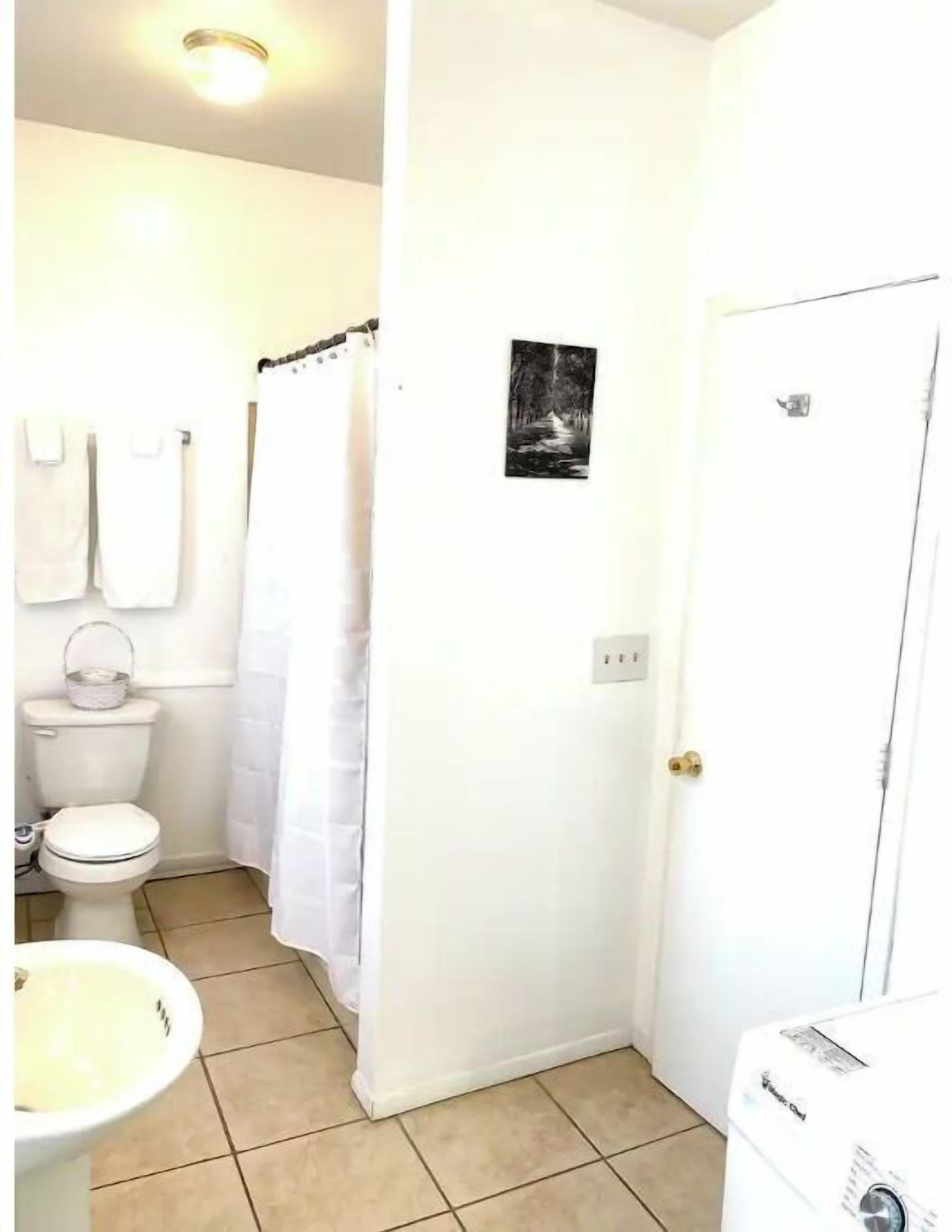 A small, clean bathroom with a toilet, sink, and shower curtain.