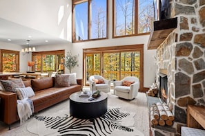 Smart TV, fireplace, table football, books