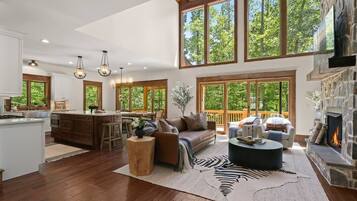 Smart TV, fireplace, table football, books