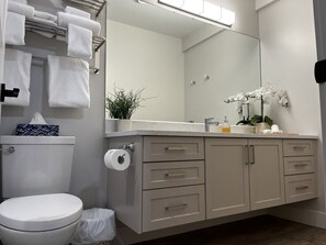 Asciugacapelli, asciugamani, sapone, shampoo