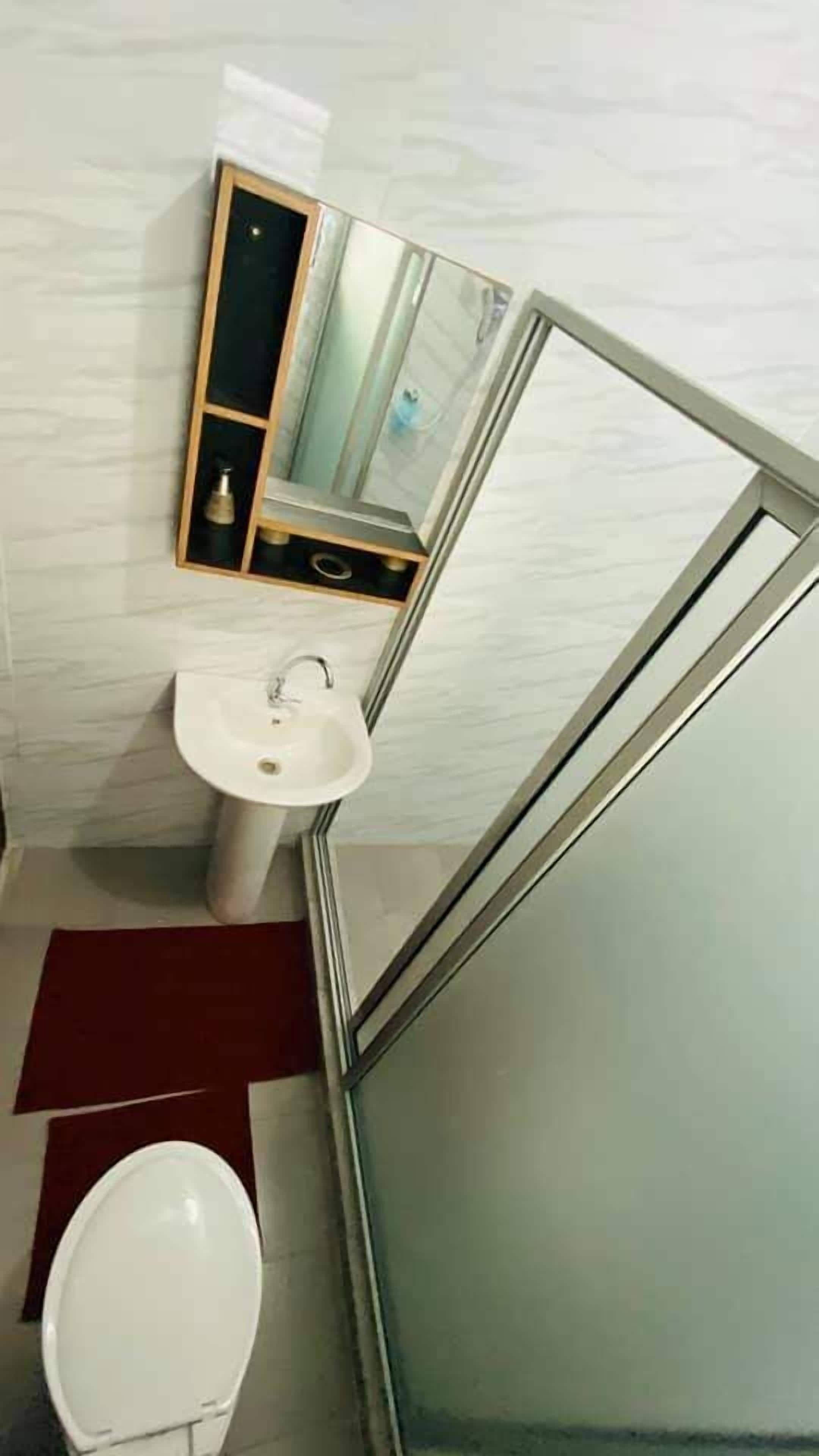 A bathroom with a white sink, a mirror above it, and a toilet.