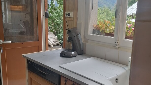 A kitchen with wooden cabinets, a dishwasher, a coffee maker, and a window with a view of greenery.