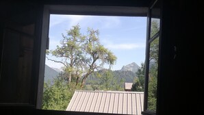 A window view of a mountain landscape with a tree and a building.
