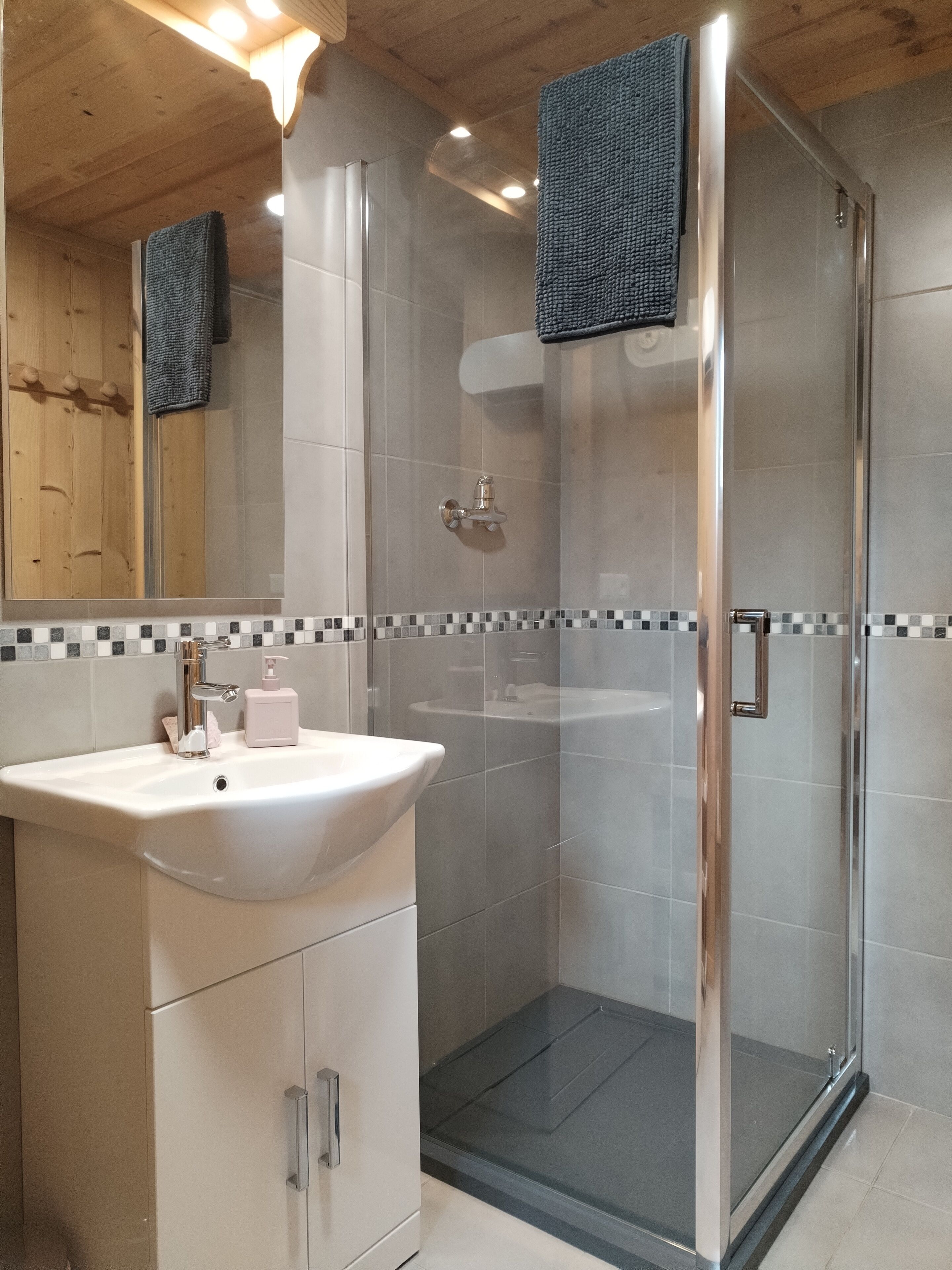 Een douche, een haardroger, handdoeken, toiletpapier
