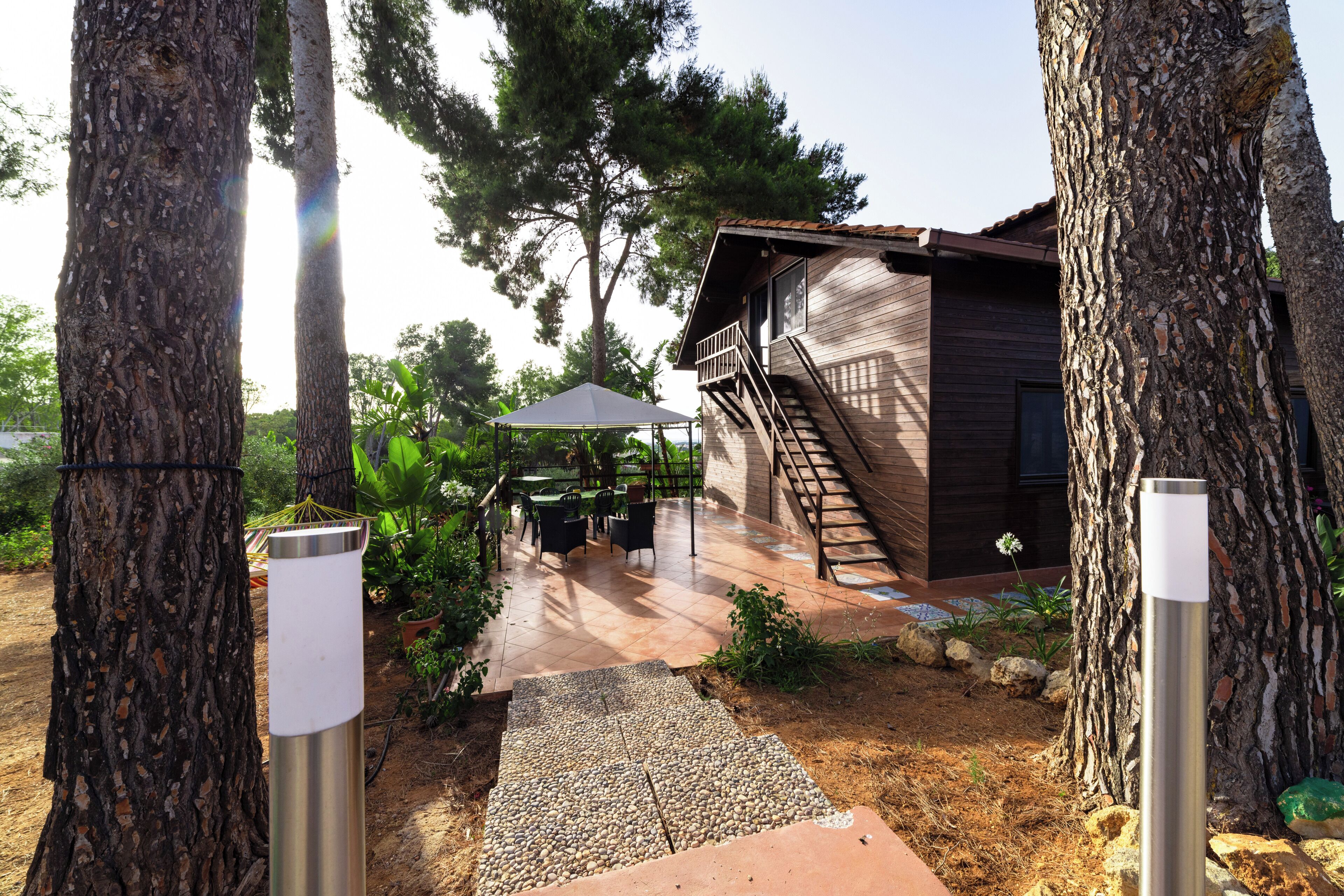 Une cabane en bois moderne dotée d’un patio, entourée d’arbres.