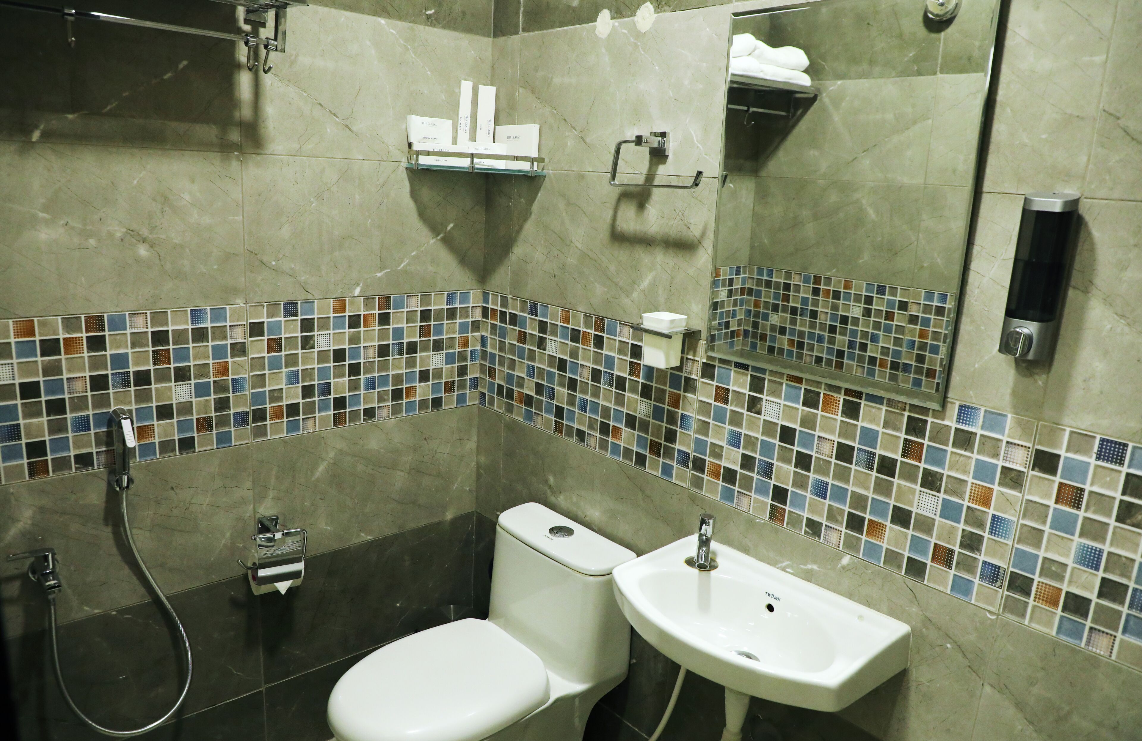 Een badkamer met toilet, wastafel en douche.