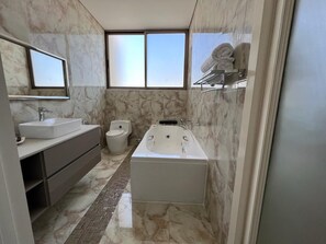 Combined shower/tub, hair dryer, towels, soap