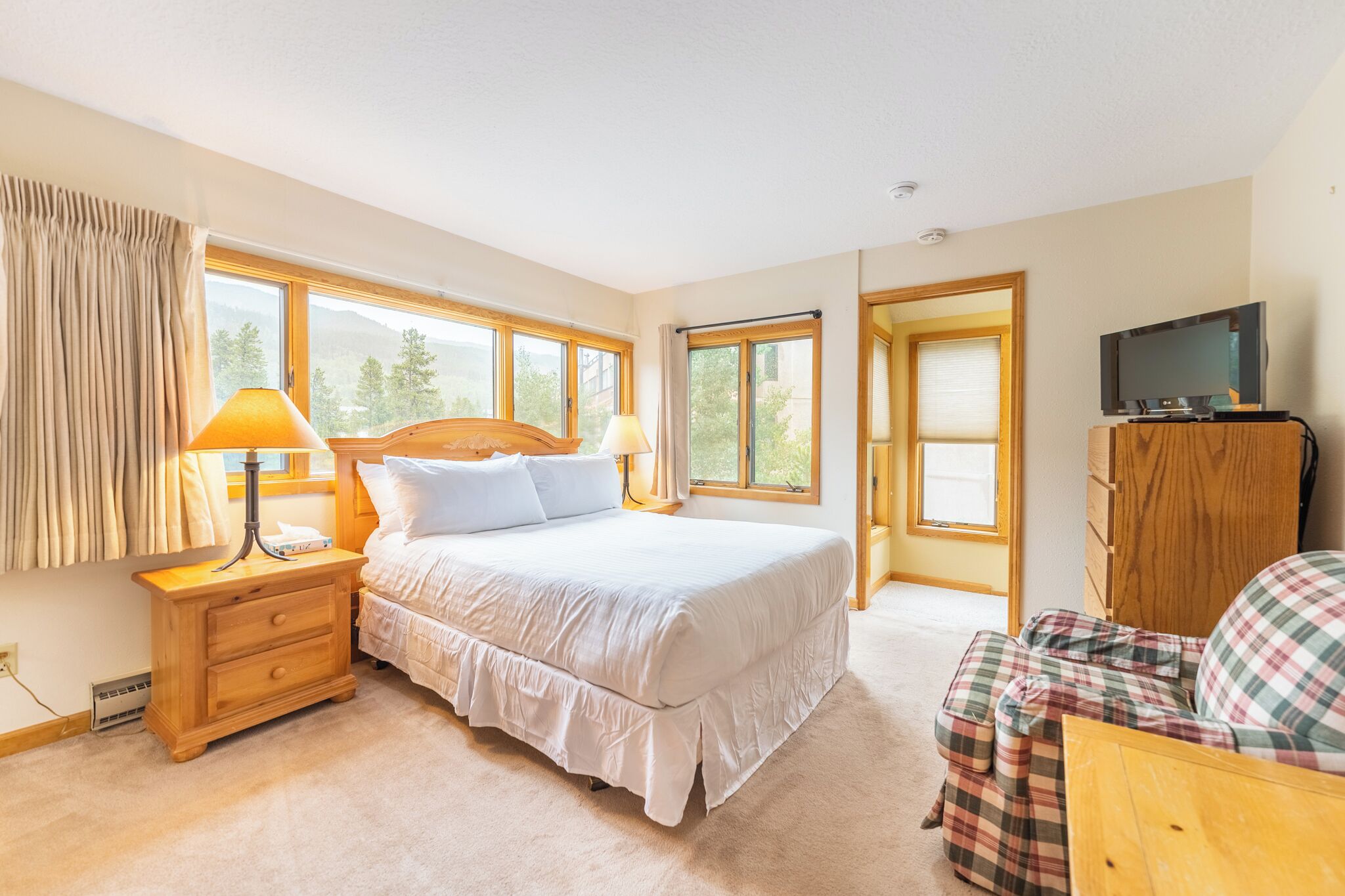 A bedroom with a large bed, bedside lamps, a wooden nightstand, a television on a wooden cabinet, and a view of trees through the windows.