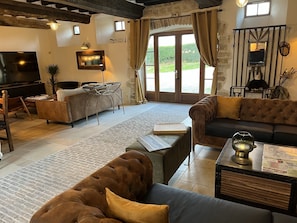 Smart TV, chimenea, reproductor de DVD y libros 