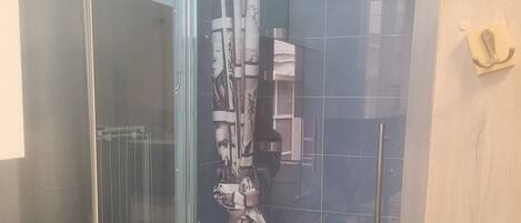 Shower, hair dryer, toilet paper