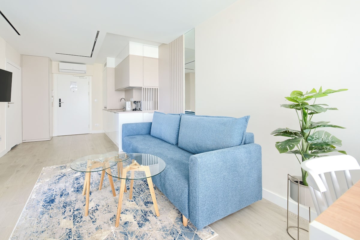 Een moderne woonkamer met een blauwe bank, een glazen salontafel en een potplant.