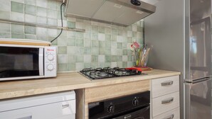 Une cuisine équipée d’un four à micro-ondes, d’une cuisinière à gaz, d’un four traditionnel et d’un réfrigérateur.