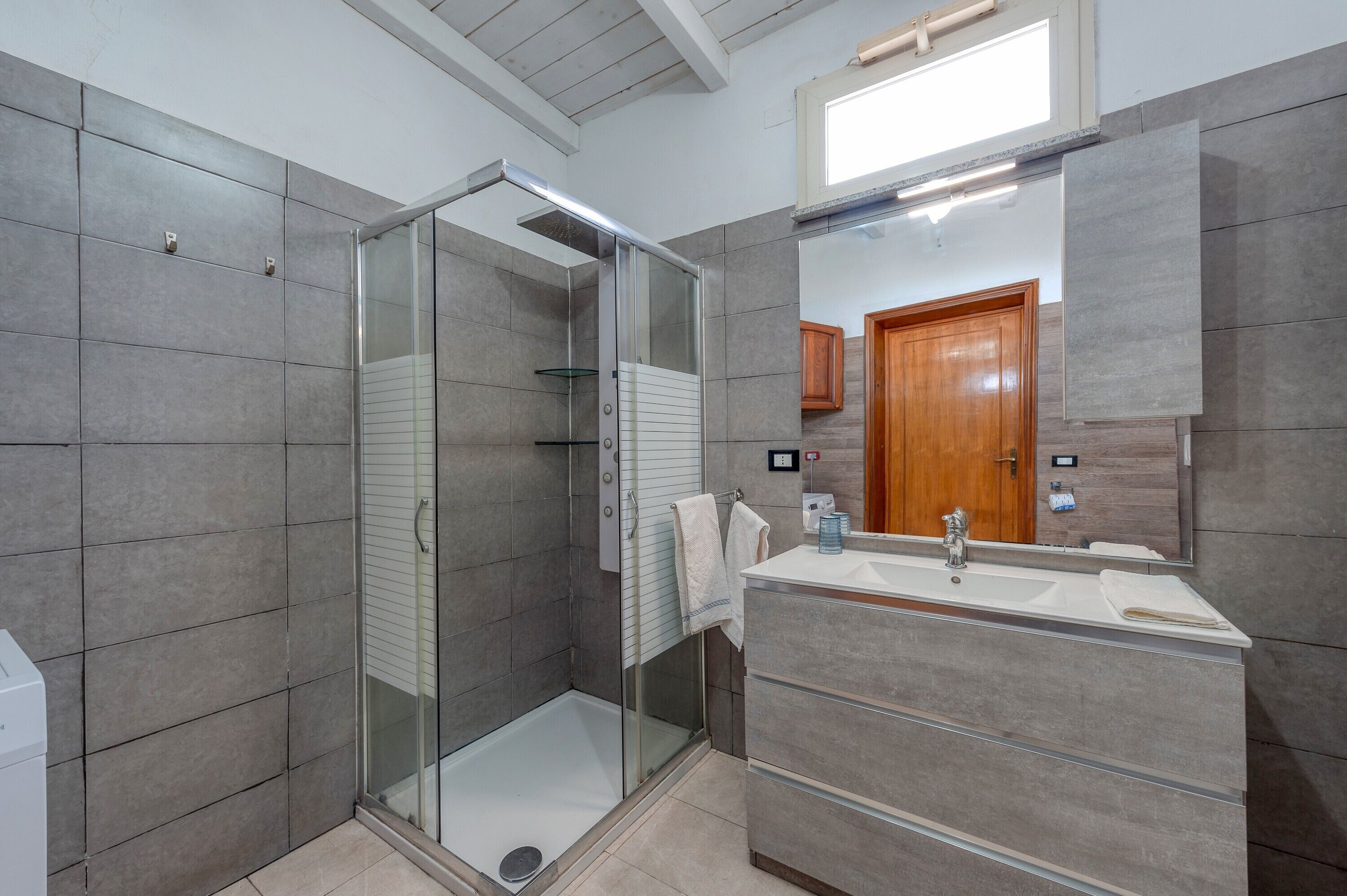 Shower, hair dryer, towels