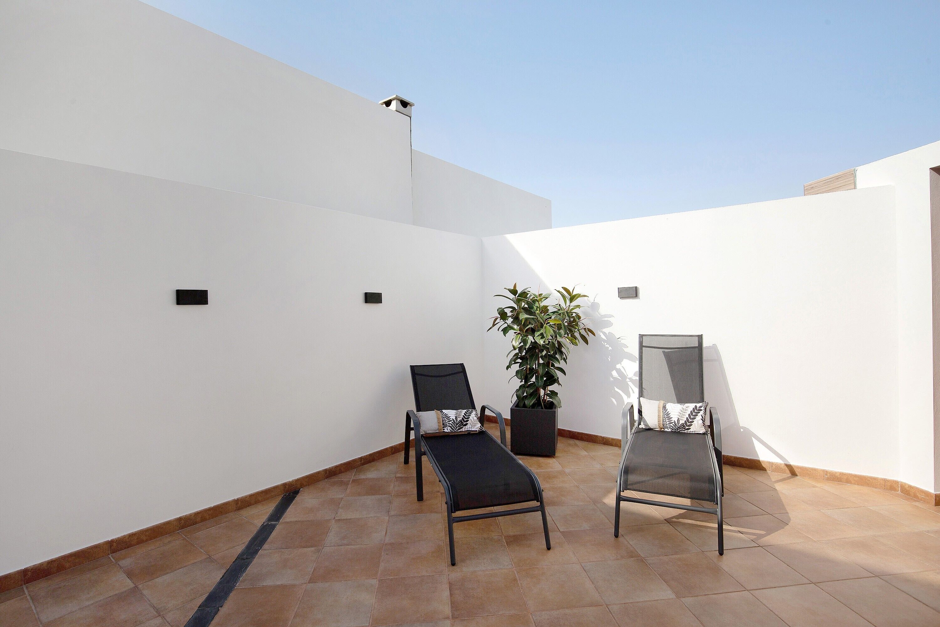 Een terras met twee loungestoelen, een bloempot en een bijzettafeltje.
