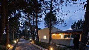A paved pathway leading to a building with a covered outdoor area, surrounded by trees.