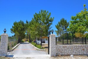 A paved pathway leading to a building with stone pillars and a black metal fence.