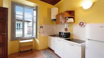 Fridge, microwave, stovetop, electric kettle