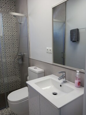 Shower, hair dryer, towels, toilet paper