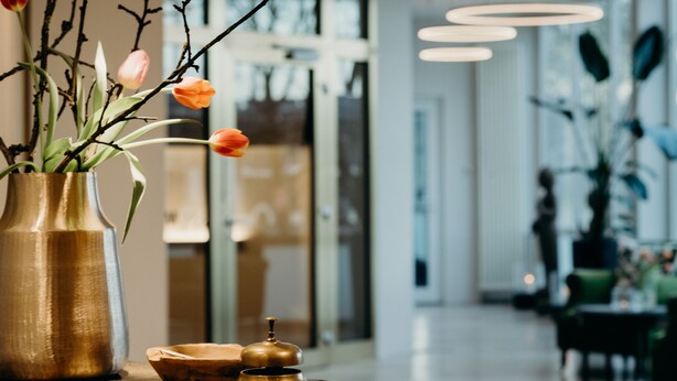 A reception area with a vase of flowers, a wooden bowl, and a bell on a counter. - Hotel Crystal (Saarbrücken)