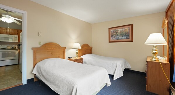 Habitación de hotel con dos camas, kitchenette, un cuadro en la pared y ventilador de techo.