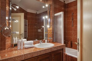 Bathtub, hair dryer, bidet, towels