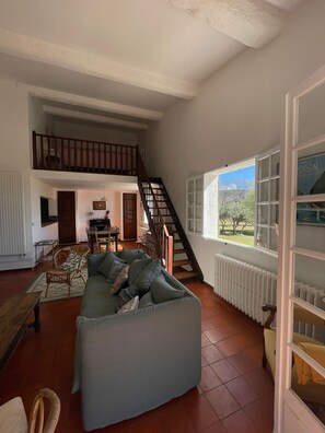 Una Smart TV, una chimenea, una mesa de tenis de mesa, libros