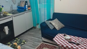 Ein kompakter Wohnraum mit einer Küchenzeile, einem Sofa, einem Esstisch mit kariertem Tischläufer und einem Bild an der Wand.