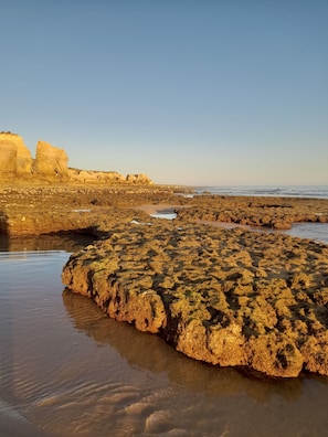 A rocky shoreline with large boulders and a calm sea.