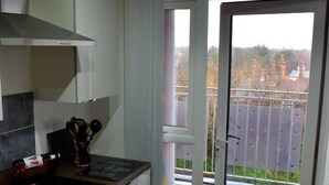 A modern kitchen with a stove, sink, and a view of a residential area through a glass door. - Remarkable 2-bed Apartment in Leafy Sefton Park (Liverpool)