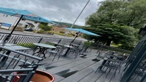 Een terras buiten met tafels en stoelen, een blauwe parasol en een grote boom op de achtergrond.