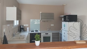 A compact kitchen with a sink, stove, and microwave. A potted plant is on the counter, and a decorative leaf is on the refrigerator. - Villa Privée Avec Jardin Clos 20 Minutes de la Plage (Luchat)