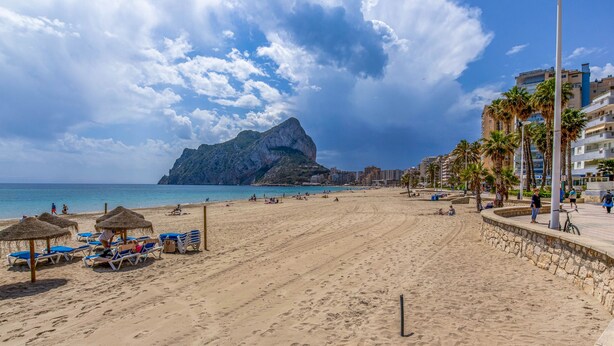 Ein Strand mit Liegestühlen, Palmen und einer Steinmauer.