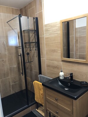 Shower, hair dryer, towels