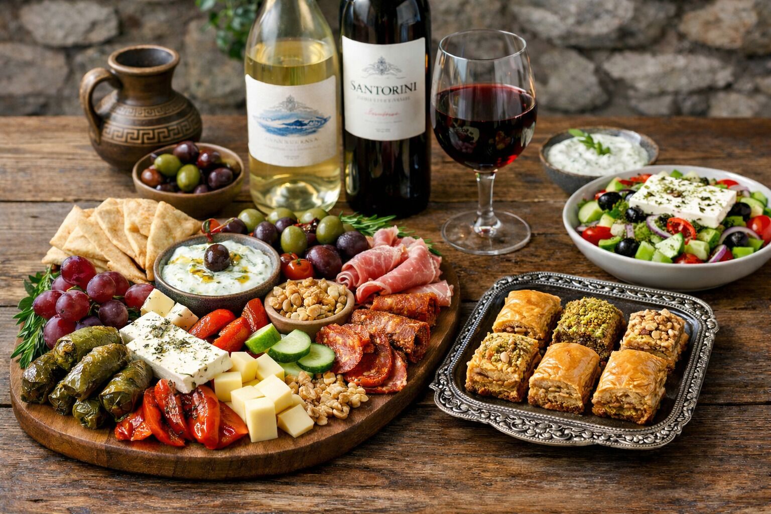 A wooden table with a variety of Greek dishes, including olives, cheese, meats, and pastries, accompanied by a bottle of wine and a glass.