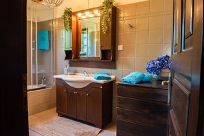 Hair dryer, towels, soap, shampoo