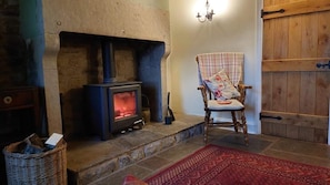 Cozy room with a fireplace, comfortable chair, and plush rug.