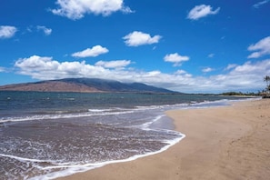A beach with clear skies, a sandy shore, and a mountain in the background.