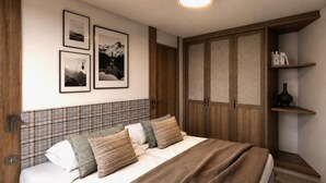 Un dormitorio con cama, cabecera, armario y estanterías de pared.