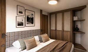 A bedroom with a bed, a headboard, a wardrobe, and wall-mounted shelves. - 10m from ski slopes, 1st floor, tv, ski locker, 84m², Tignes (Tignes)