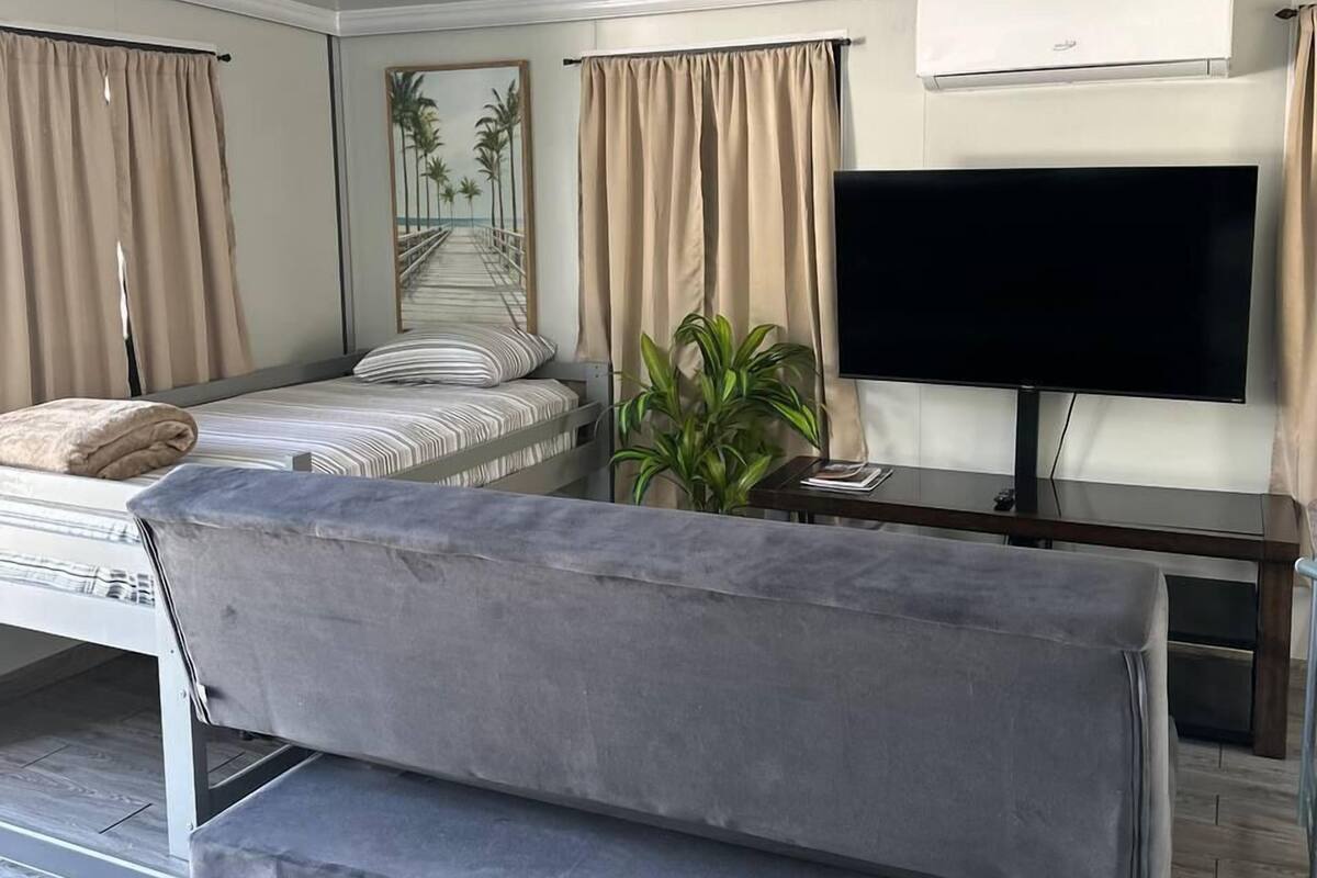 Ein gemütlicher Wohnraum mit Bett, grauem Sofa, Fernseher und Klimaanlage.