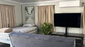 A compact living space with a bed, a grey sofa, a TV, and an air conditioning unit.