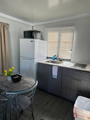 Mini-fridge, microwave, griddle, cookware/dishes/utensils