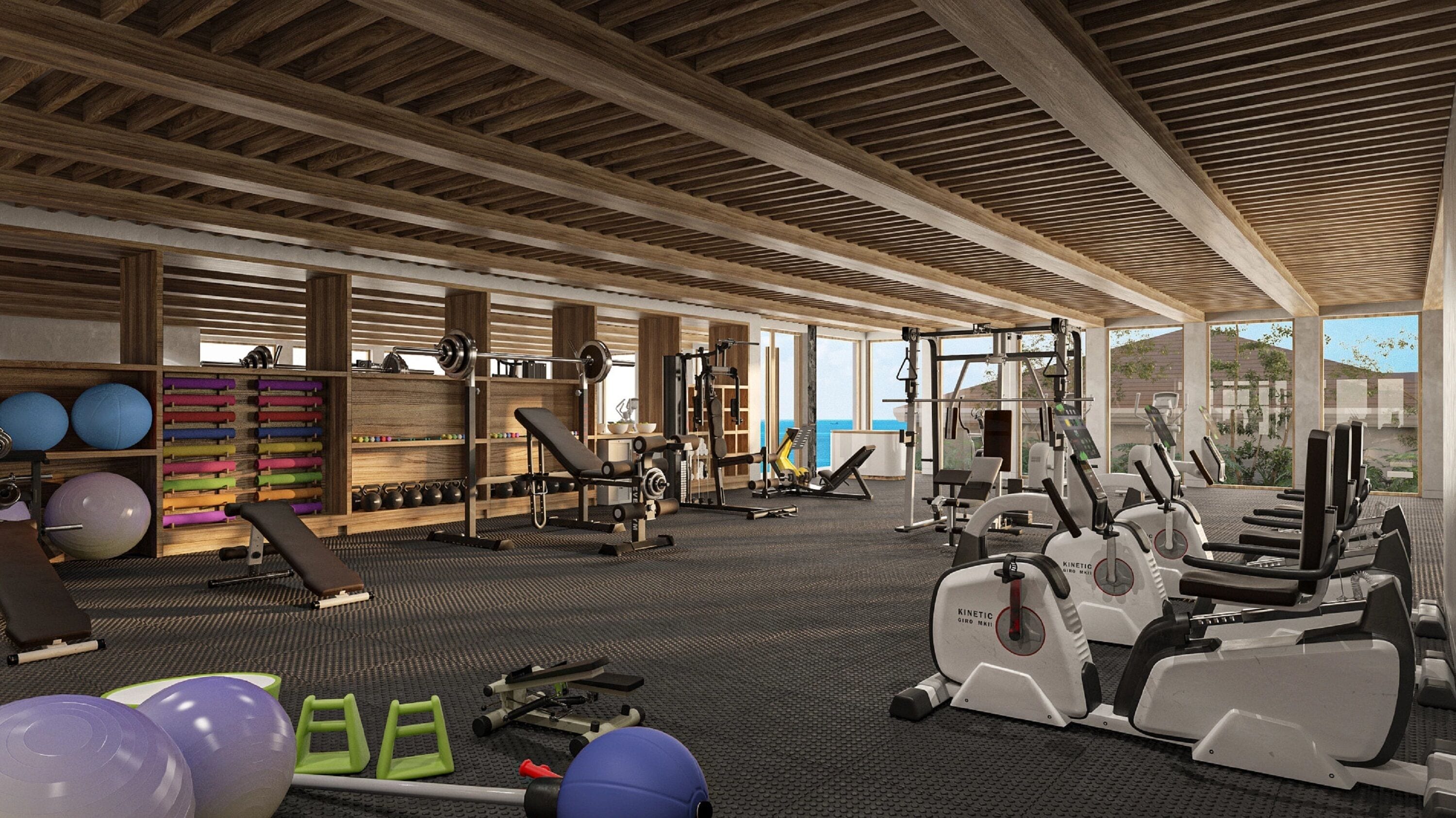 A gym with various exercise equipment, a wall with colorful medicine balls, and a view of the ocean through large windows.