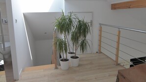Un loft espacioso con tragaluces, suelo de madera, una escalera y plantas en macetas.