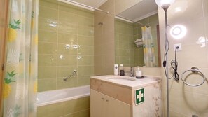 Combined shower/bathtub, hair dryer, bidet, soap