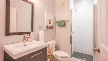 Hair dryer, towels, soap, shampoo