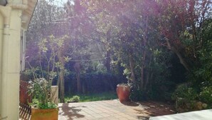 Eine Terrasse mit Fliesenboden, Kübelpflanzen und Blick auf einen üppigen Garten.