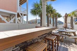 Outdoor dining - Beach House w/beautiful ocean views.  Private heated pool. Elevator. Sleeps 10. (Ocean Isle Beach)