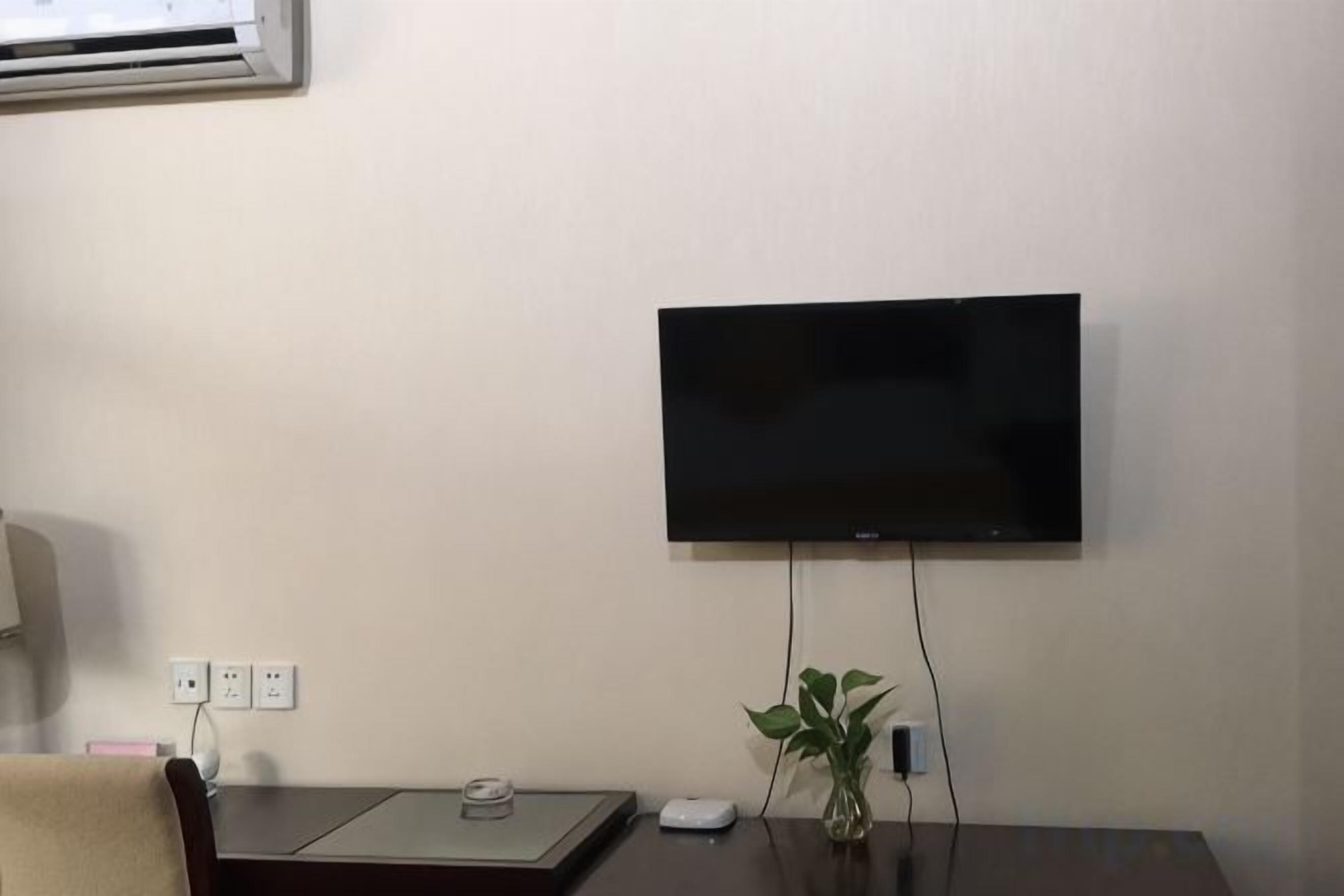 A flat-screen TV mounted on a wall, a table with a plant, and a power outlet.